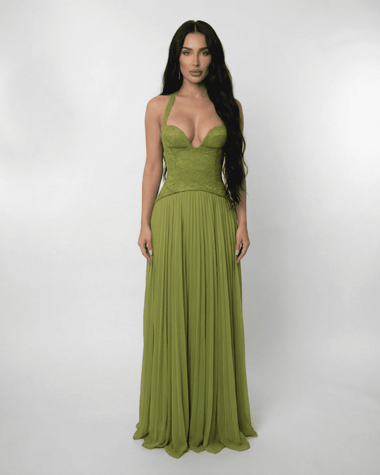 Elegant Verdant Maxi Dress by SLIMONA featuring a lace bodice and pleated skirt in rich olive green.