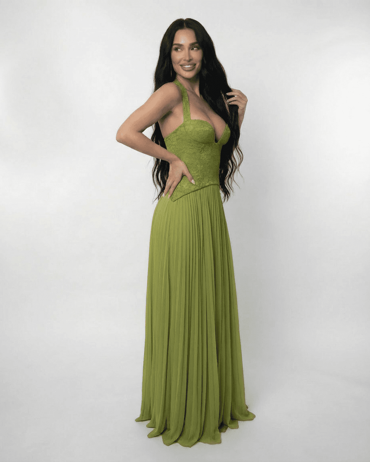 Verdant Maxi Dress by SLIMONA featuring a lace bodice and pleated olive green skirt, perfect for formal occasions.