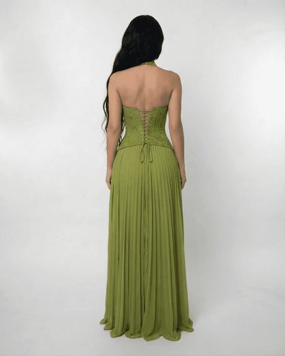 Back view of the SLIMONA Verdant Maxi Dress featuring a lace bodice and pleated skirt in olive green.
