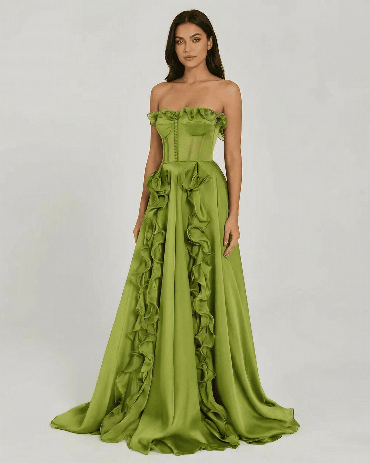 Verdessa Maxi Dress by SLIMONA, strapless green maxi dress with ruffle details and elegant floor-length silhouette.
