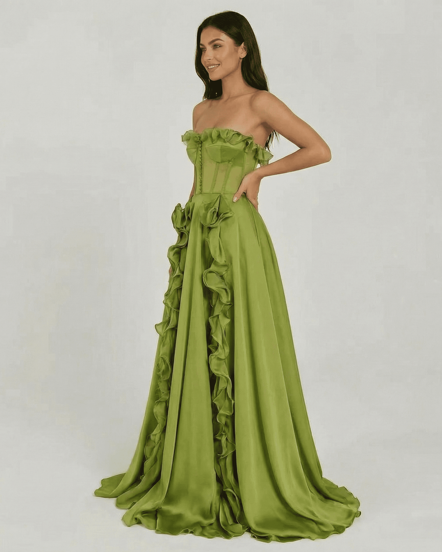 Verdessa Maxi Dress by SLIMONA - Elegant strapless green maxi dress with ruffle detail and flowing silhouette.