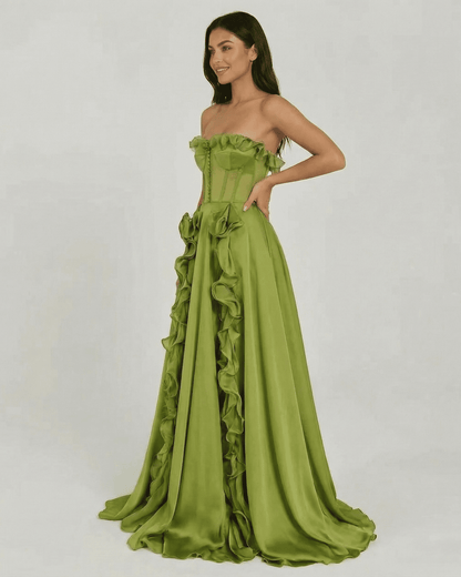 Verdessa Maxi Dress by SLIMONA - Elegant strapless green maxi dress with ruffle detail and flowing silhouette.
