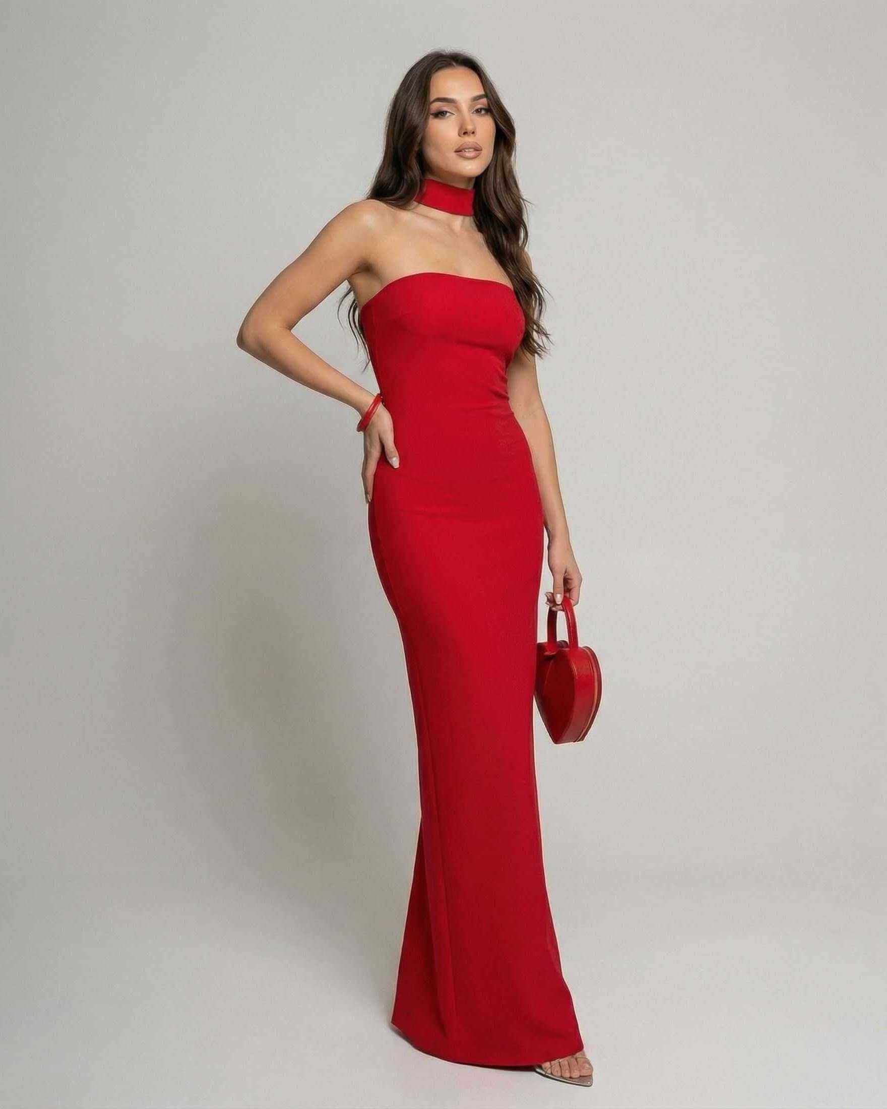 Verona Maxi Dress by Lauven, red halter neck bandage sheath silhouette, stylish ankle-length design.