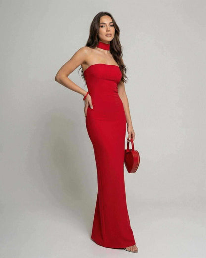 Verona Maxi Dress by Lauven, red halter neck bandage sheath silhouette, stylish ankle-length design.
