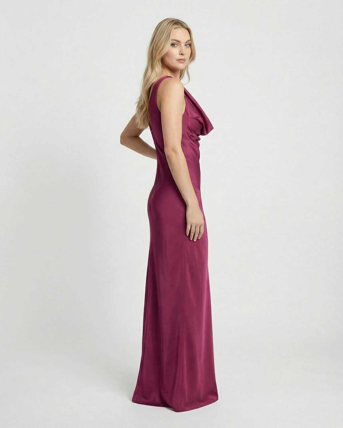 Verona Maxi Dress by SLIMONA, featuring a satin-effect finish and elegant cowl neckline in burgundy.