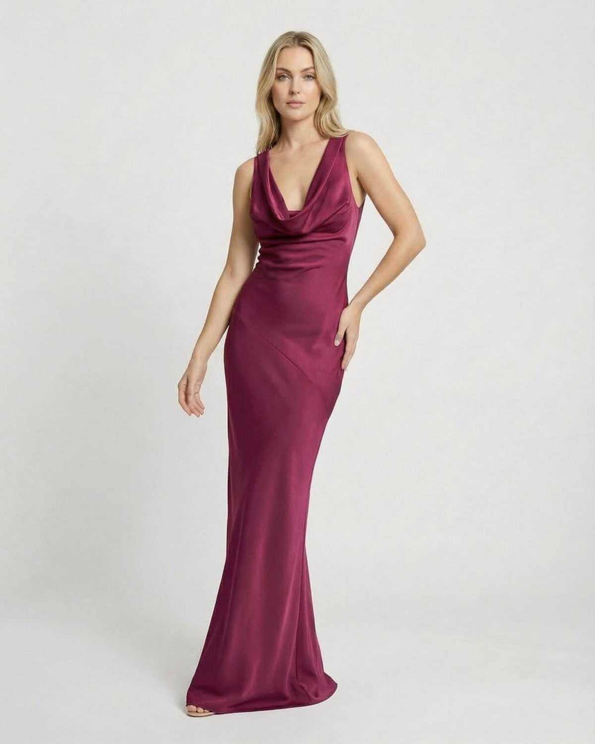 Verona Maxi Dress by SLIMONA, elegant satin-effect cowl neck evening gown in burgundy color.