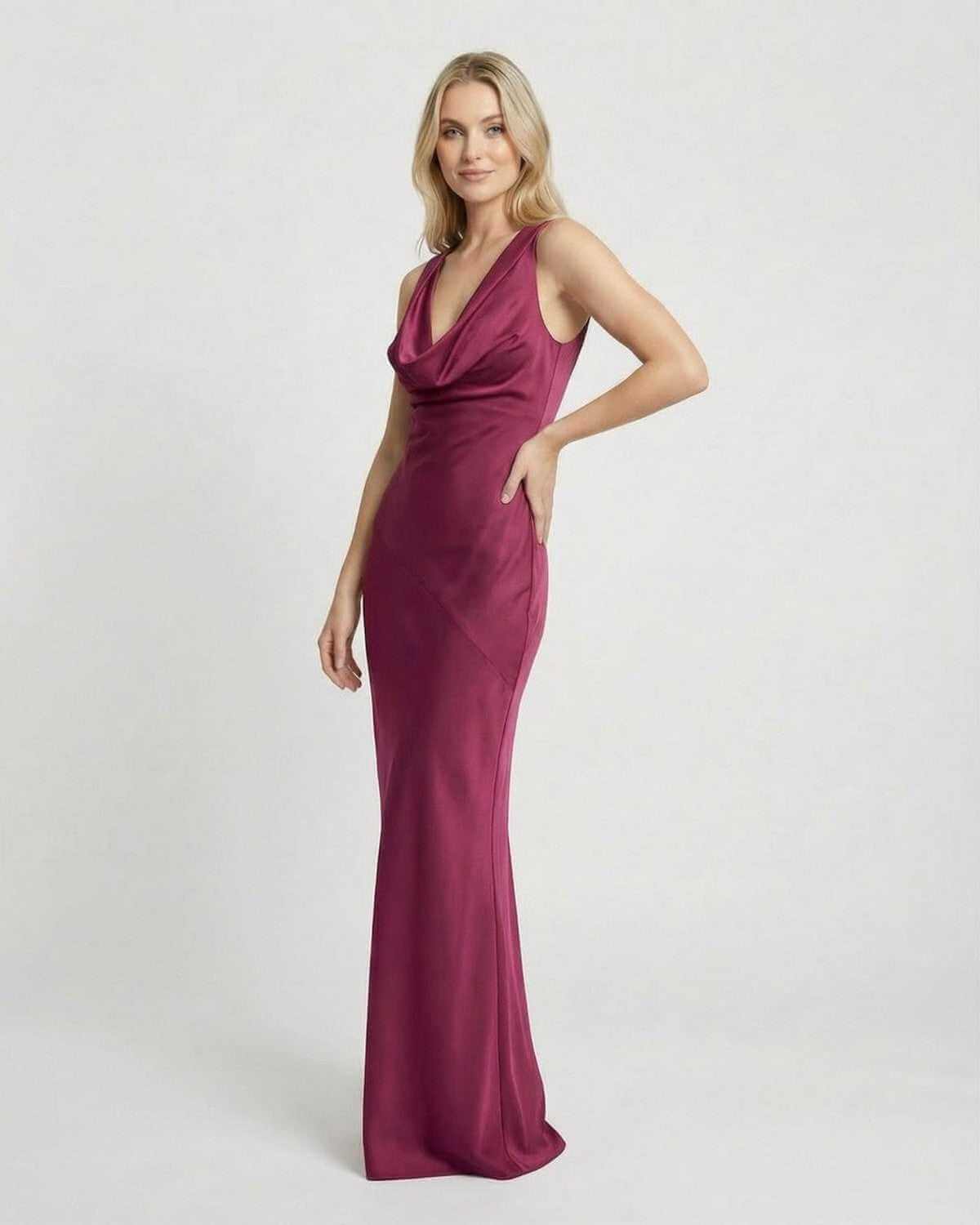 Verona Maxi Dress by SLIMONA featuring satin-effect cowl neck in elegant burgundy.