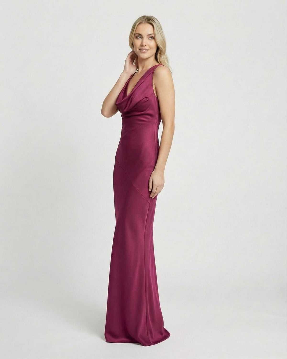 Verona Maxi Dress by SLIMONA in a stylish satin-effect cowl neck design, showcasing a refined bodycon silhouette.
