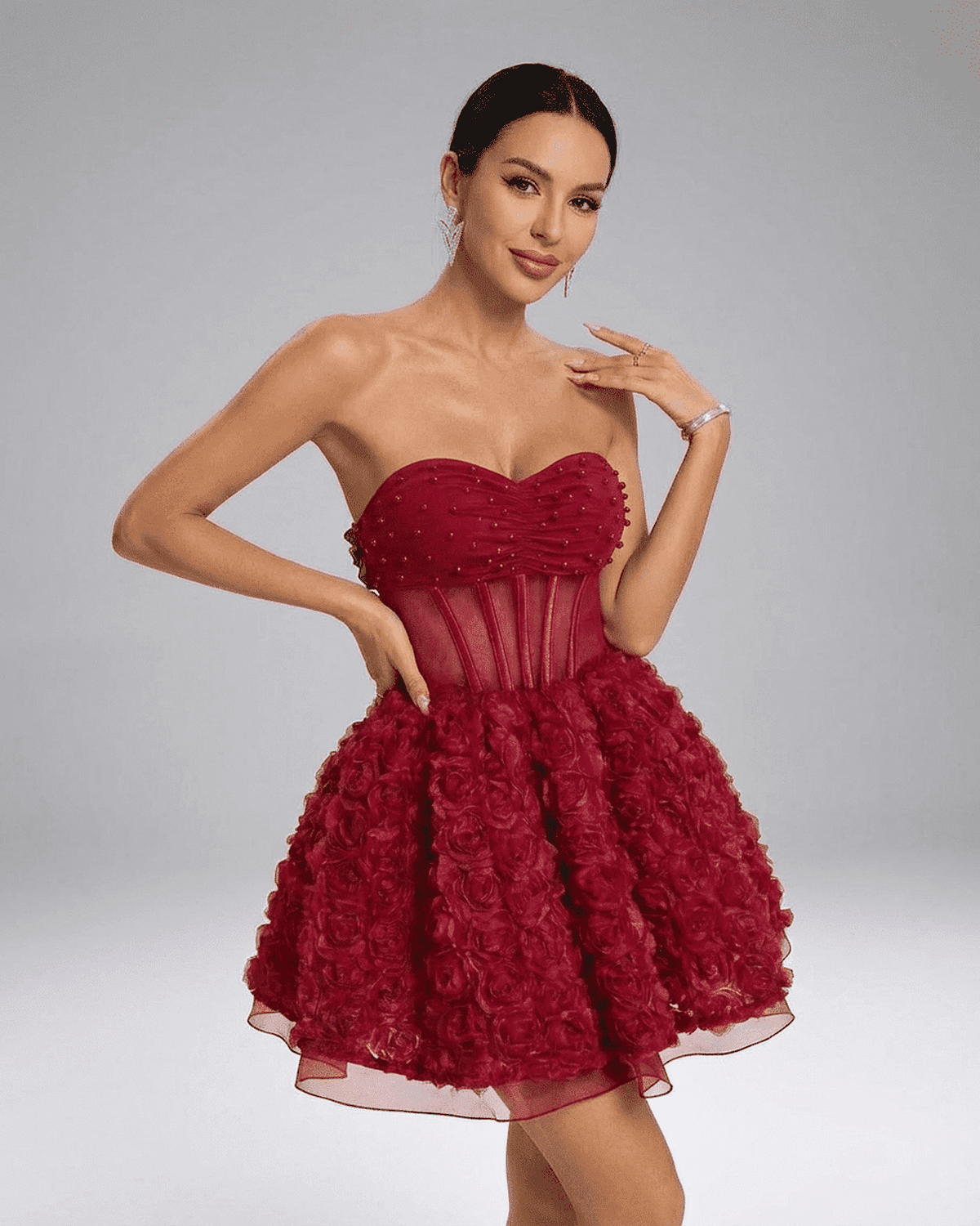 Verona Mini Dress by SLIMONA - Beaded Strapless Puff Mini with 3D Floral Texture and dramatic volume.