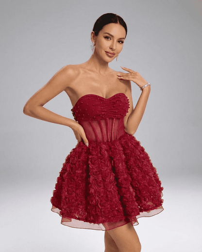 Verona Mini Dress by SLIMONA - Beaded Strapless Puff Mini with 3D Floral Texture and dramatic volume.