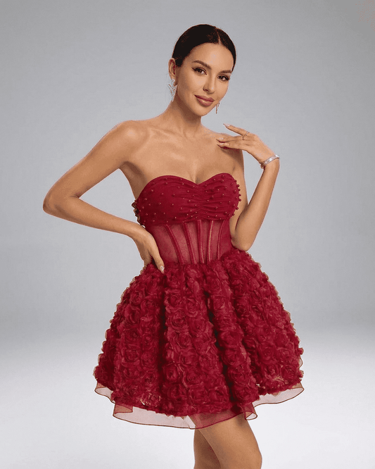Verona Mini Dress by SLIMONA - Beaded Strapless Puff Mini with 3D Floral Texture and dramatic volume.