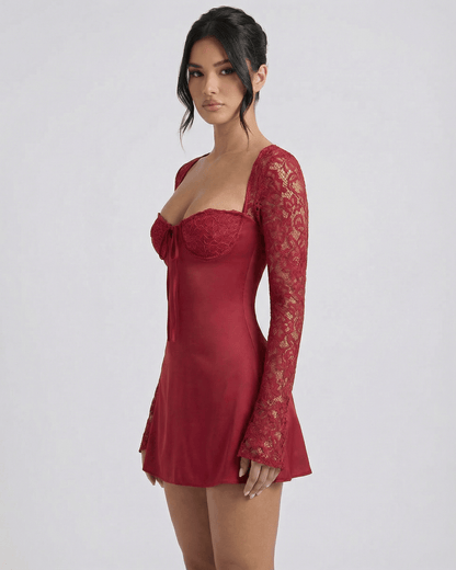 Verona Mini Dress by Lauven, a red lace long sleeve mini dress featuring a square neckline and flattering sheath silhouette.