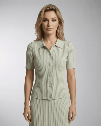 Verona Polo Shirt by SLIMONA, women’s slim knit polo with fine rib texture, perfect for warm weather.