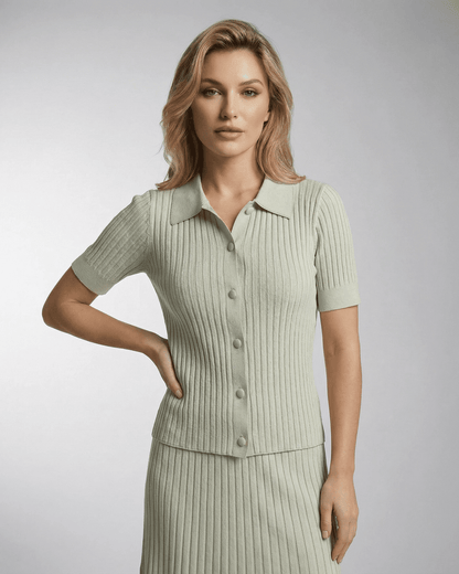 Verona Polo Shirt by SLIMONA: Women’s slim knit polo shirt in a fine rib texture, perfect for warm-weather dressing.