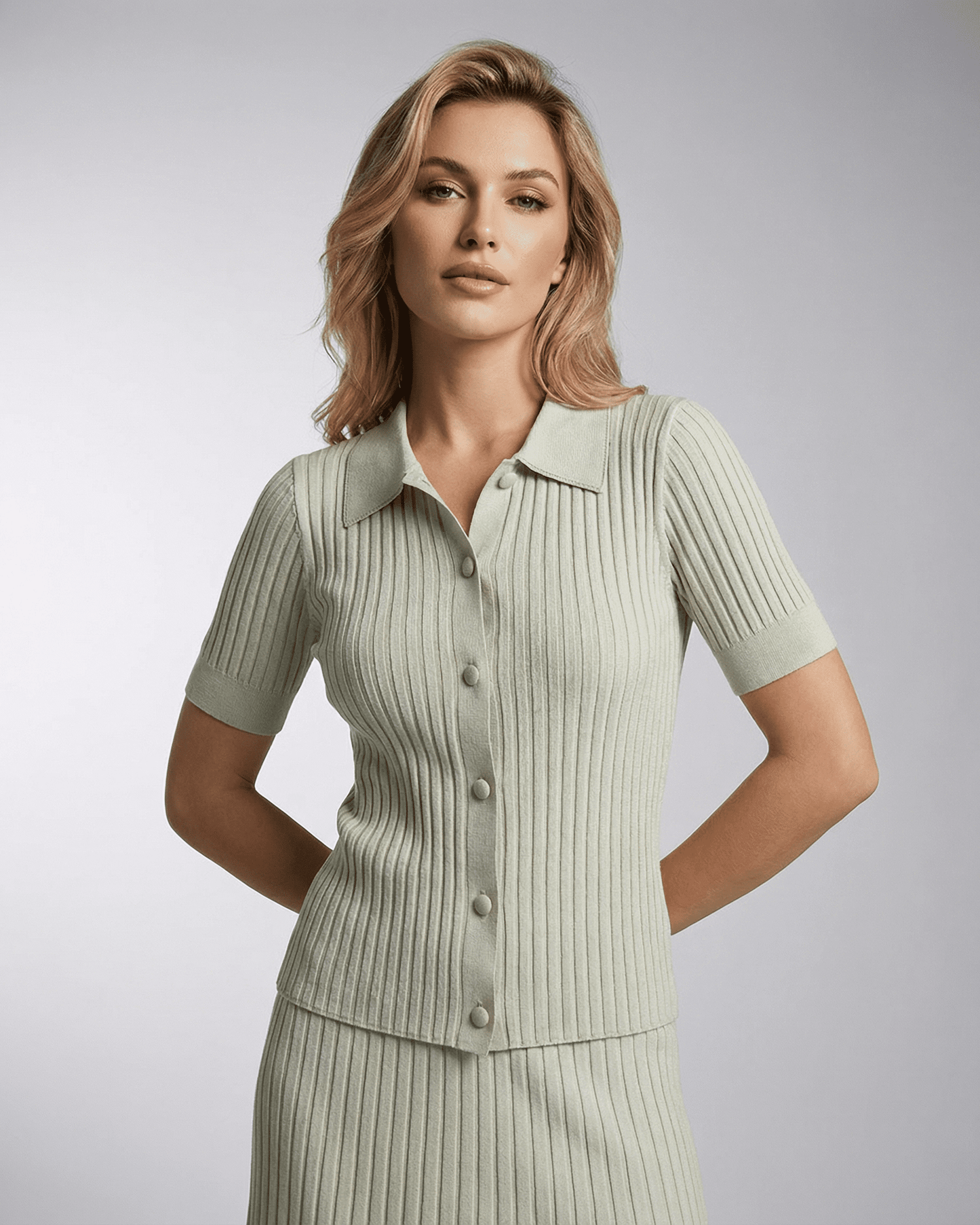 Verona Polo Shirt by SLIMONA, women’s slim knit polo with fine rib texture, lightweight and breathable.