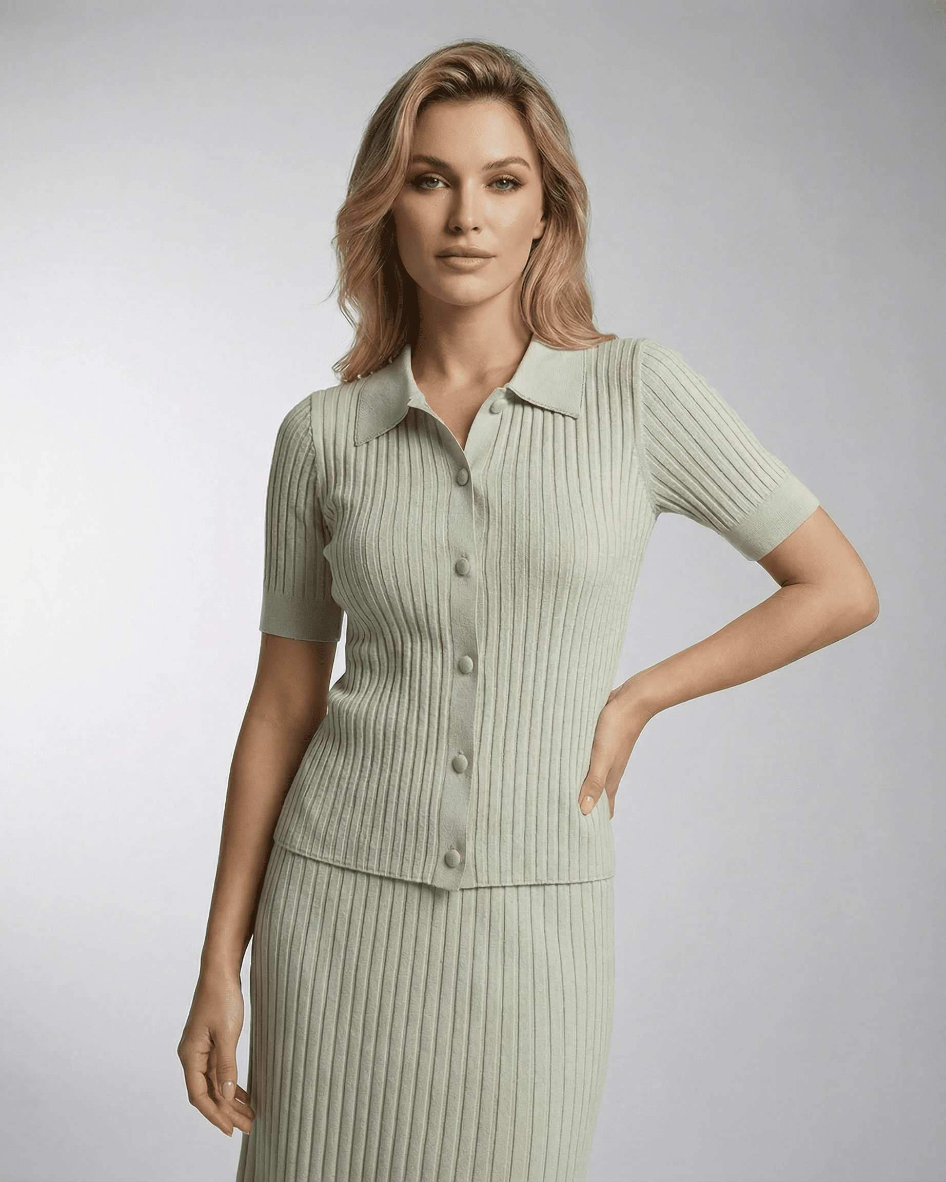 Verona Polo Shirt by SLIMONA - Women's slim knit polo with fine rib texture in soft green, perfect for warm weather.