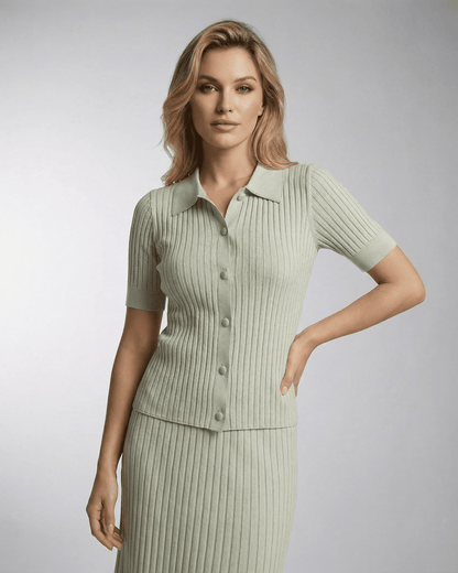Verona Polo Shirt by SLIMONA - Women's slim knit polo with fine rib texture in soft green, perfect for warm weather.