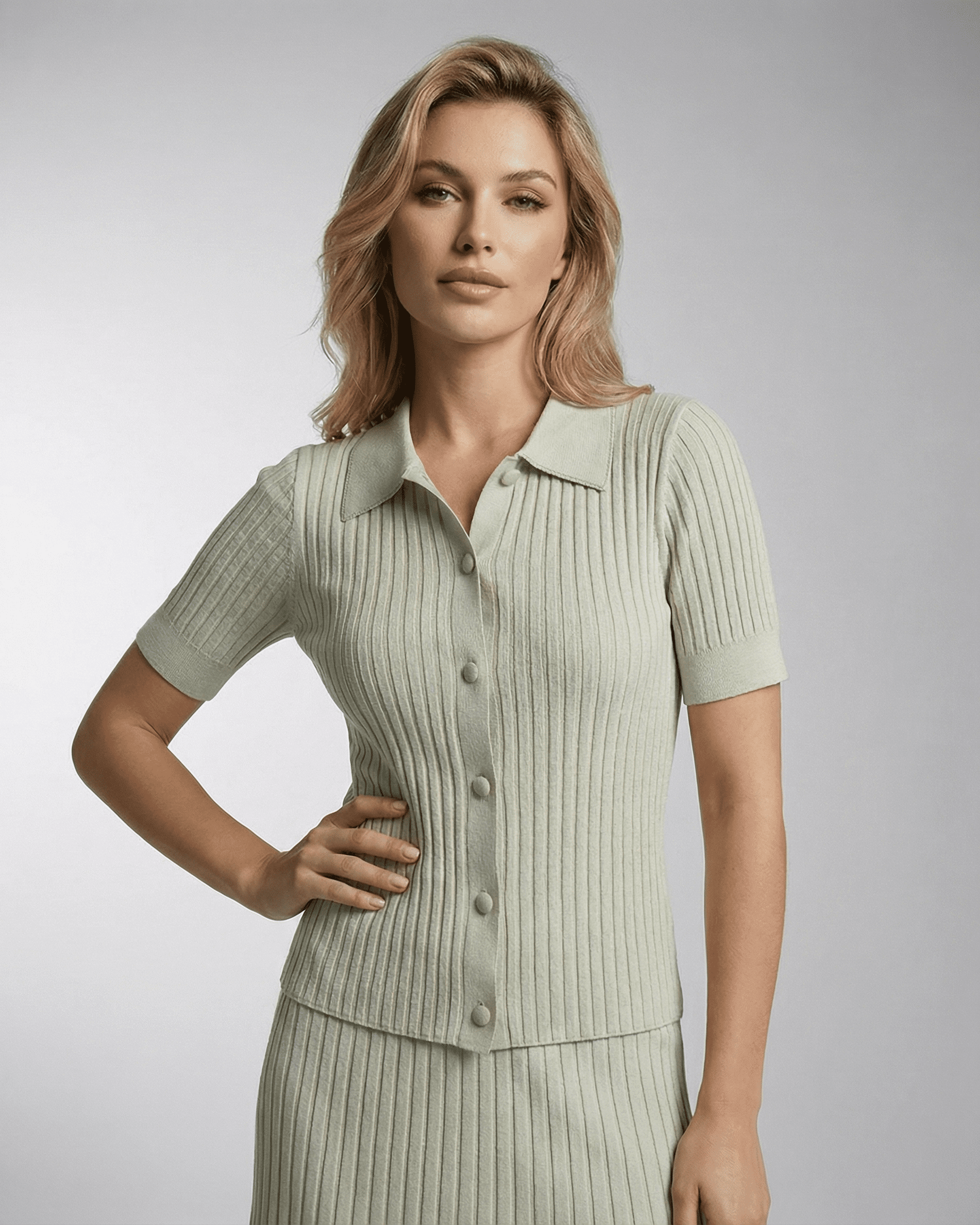 Verona Polo Shirt by SLIMONA - Women's slim knit polo shirt with fine rib texture and short sleeves.