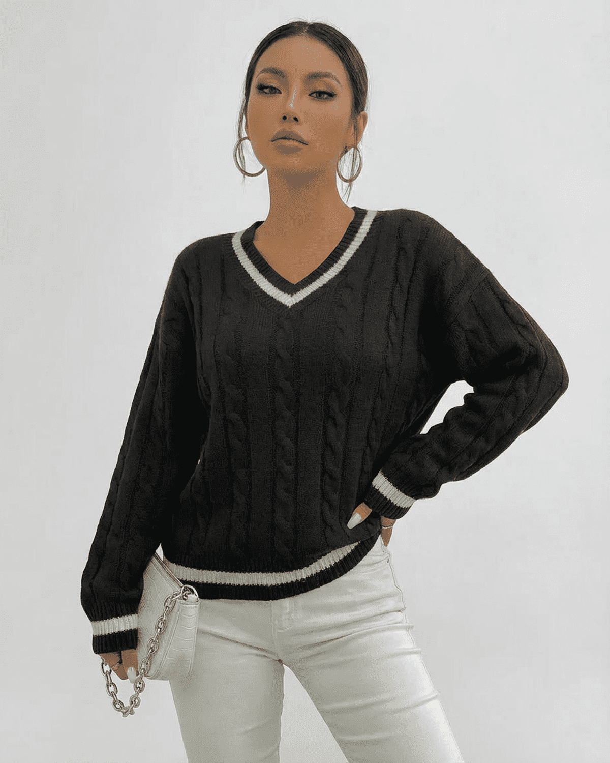 Verona Sweater by SLIMONA - Cable Knit V-Neck Pullover in black, stylish and versatile for everyday wear.
