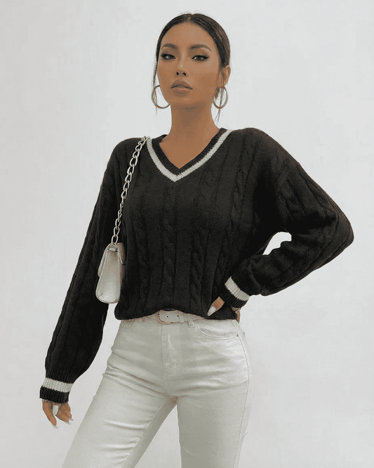 Verona Sweater by SLIMONA in cable knit with V-neck and stylish black color for modern layering.
