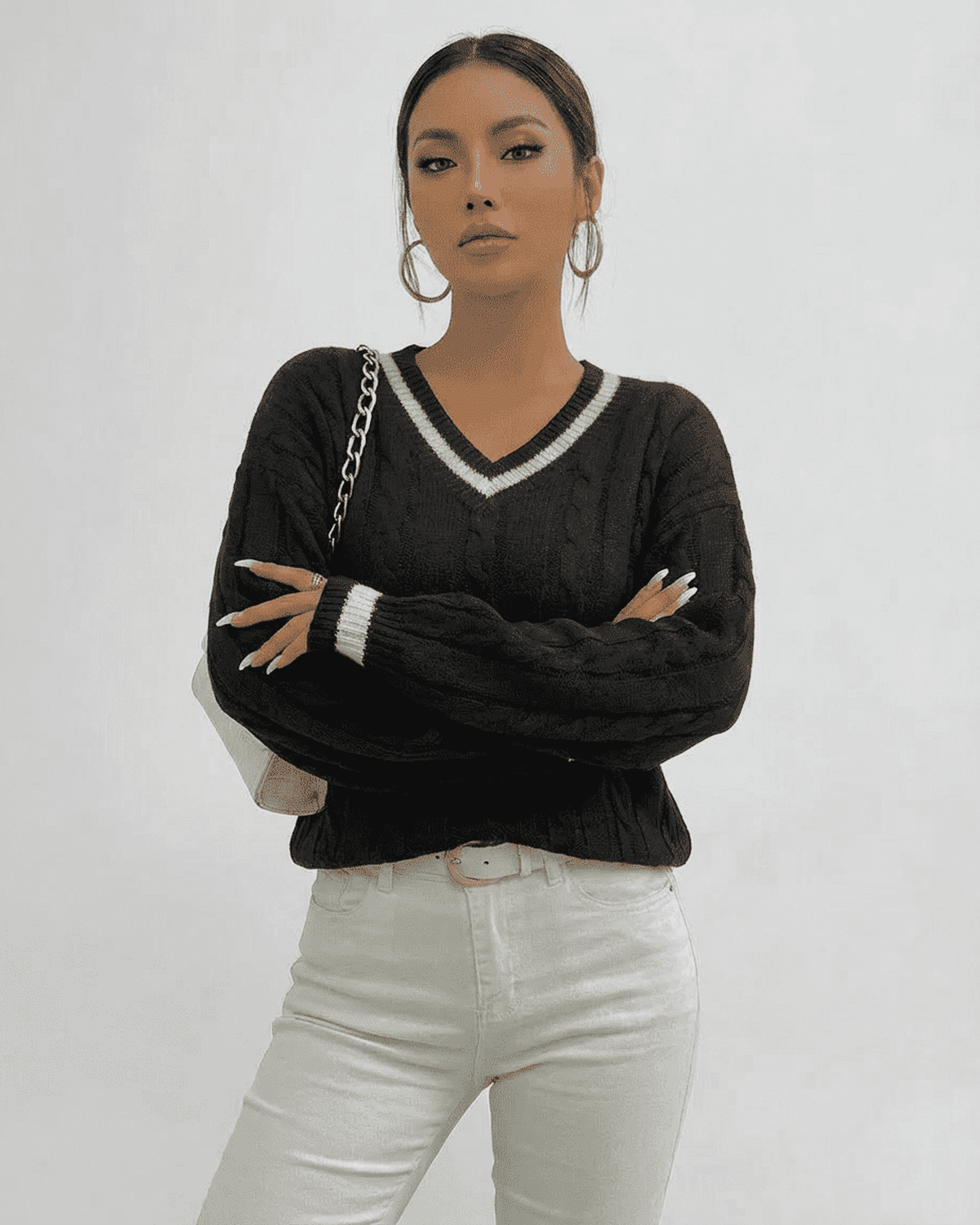 Verona Sweater by SLIMONA - Black Cable Knit V-Neck Pullover for Stylish Everyday Wear