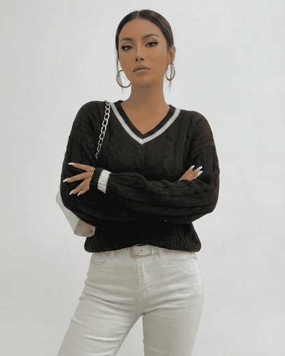 Verona Sweater by SLIMONA - Black Cable Knit V-Neck Pullover for Stylish Everyday Wear