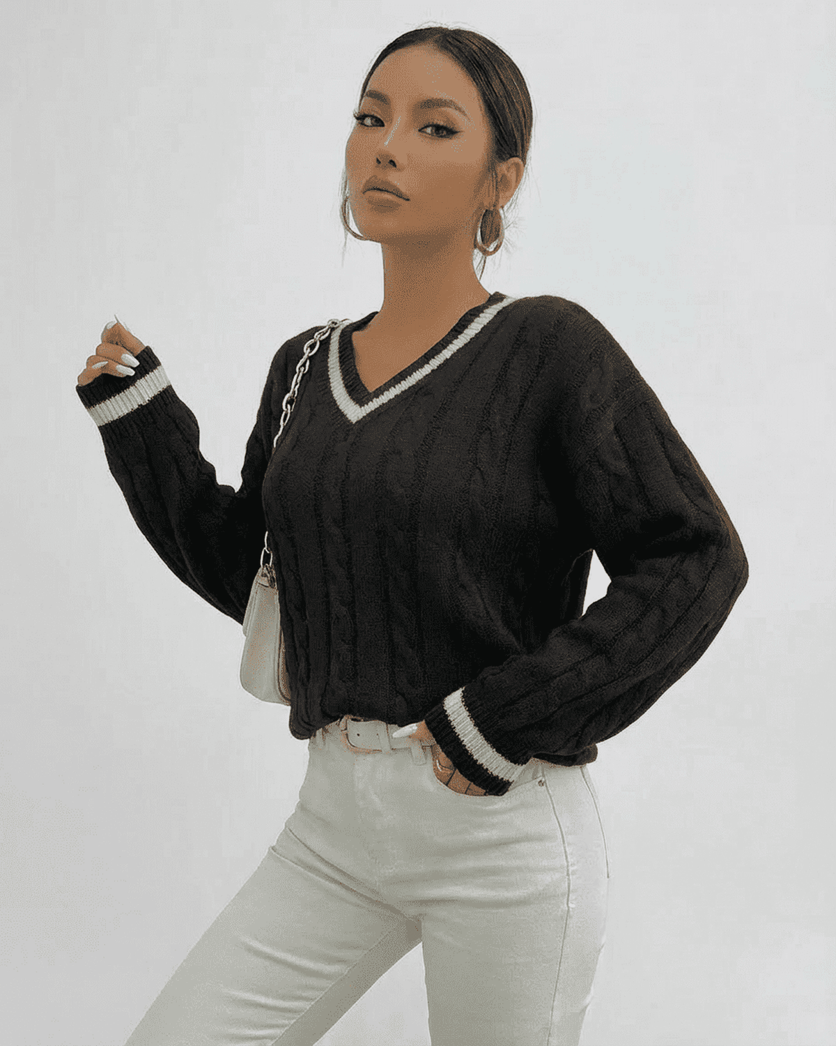 Verona Sweater by SLIMONA, Cable Knit V-Neck Pullover, ideal for stylish layering and everyday wear.