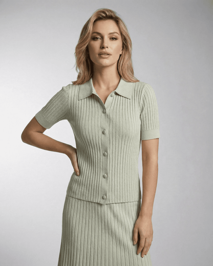 Verona Polo Shirt by SLIMONA, women's slim knit polo with fine rib texture in light green.