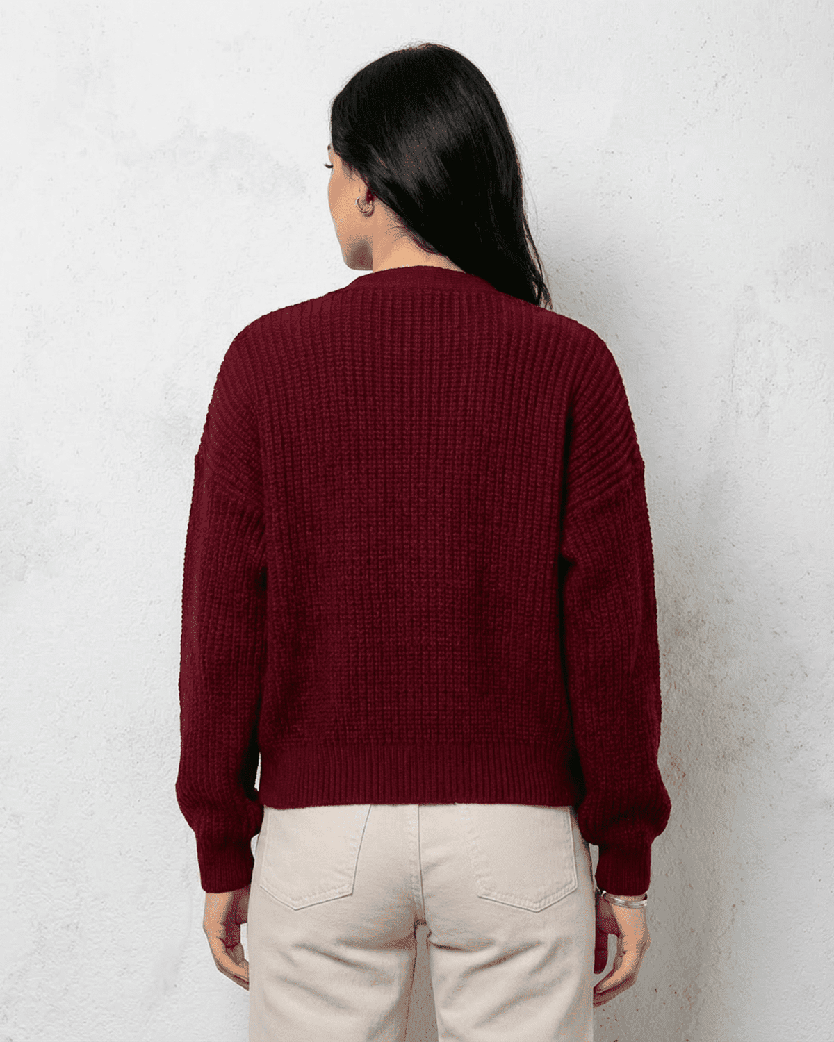 Vesper Cardigan by SLIMONA showcasing a luxurious burgundy knit design from the back.