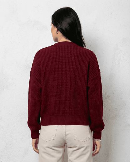 Vesper Cardigan by SLIMONA showcasing a luxurious burgundy knit design from the back.