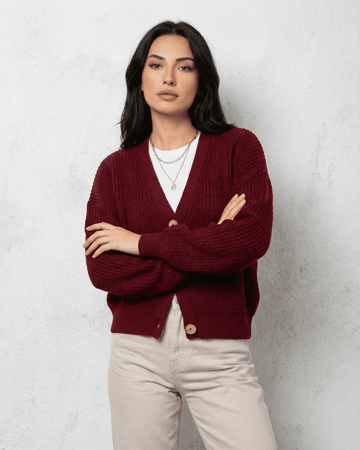 Vesper Cardigan - Luxurious burgundy knitwear by SLIMONA featuring a classic V-neck design.
