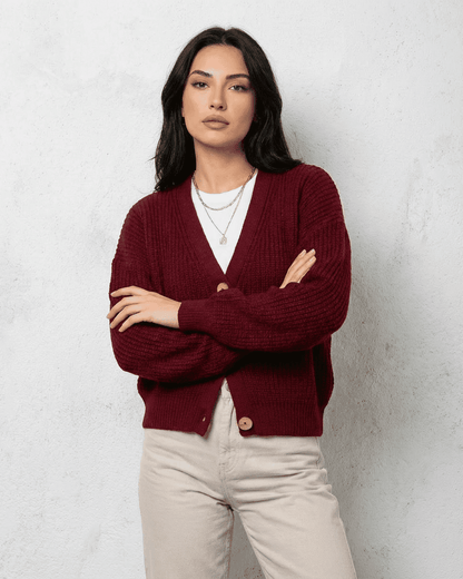 Vesper Cardigan - Luxurious burgundy knitwear by SLIMONA featuring a classic V-neck design.