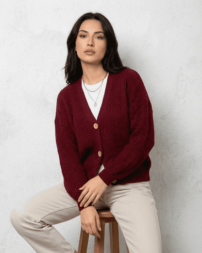 Vesper Cardigan - Luxurious burgundy knitwear from SLIMONA featuring a classic V-neck design.