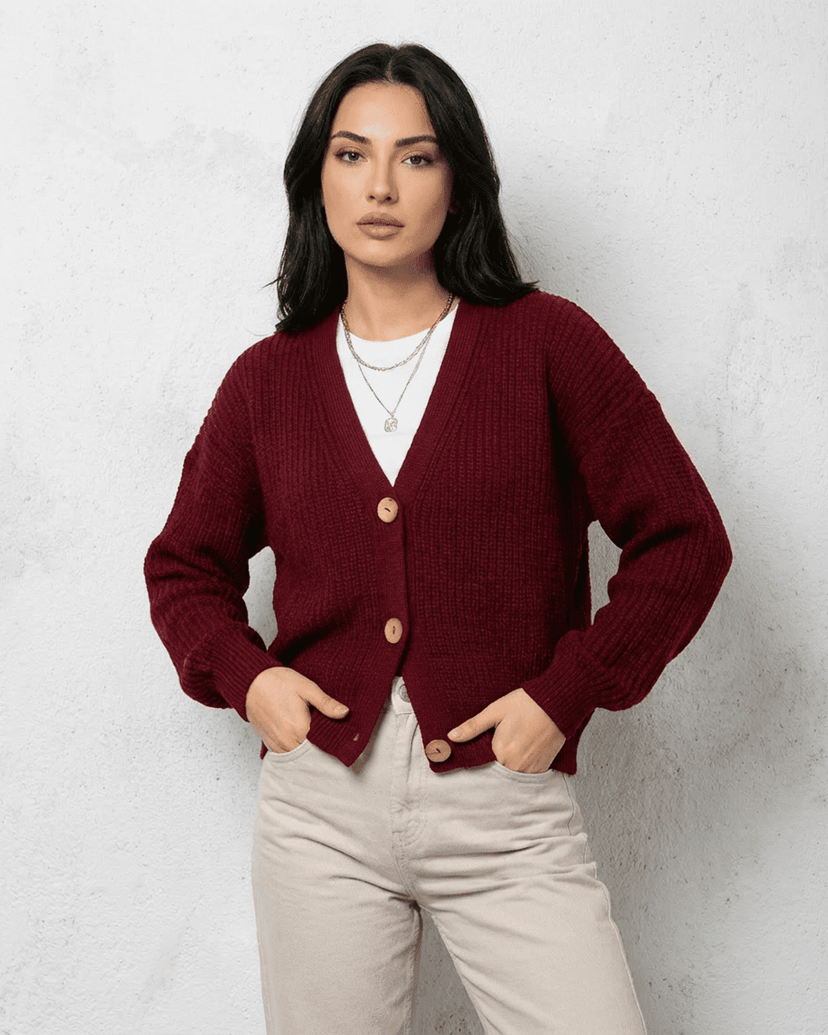 Vesper Cardigan by SLIMONA - Luxurious burgundy knit cardigan with classic V-neck design, perfect for layering.