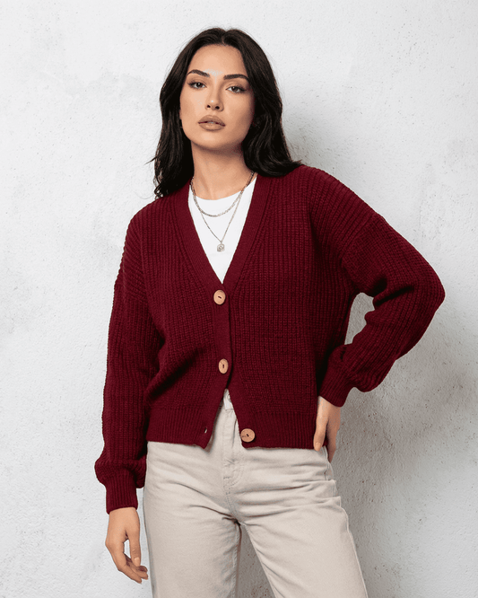 Vesper Cardigan by SLIMONA, luxurious burgundy knitwear with classic V-neck design, perfect for modern women.