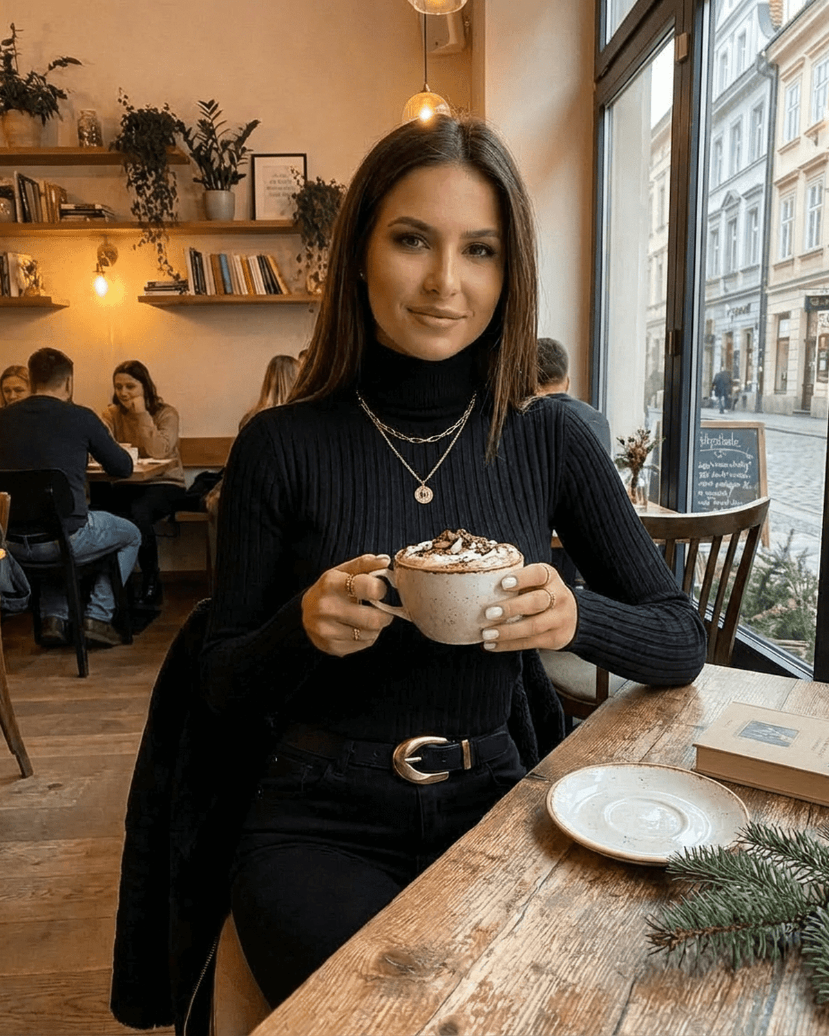 Vesper Sweater by SLIMONA worn by a woman in a cafe, enjoying a chocolate drink.