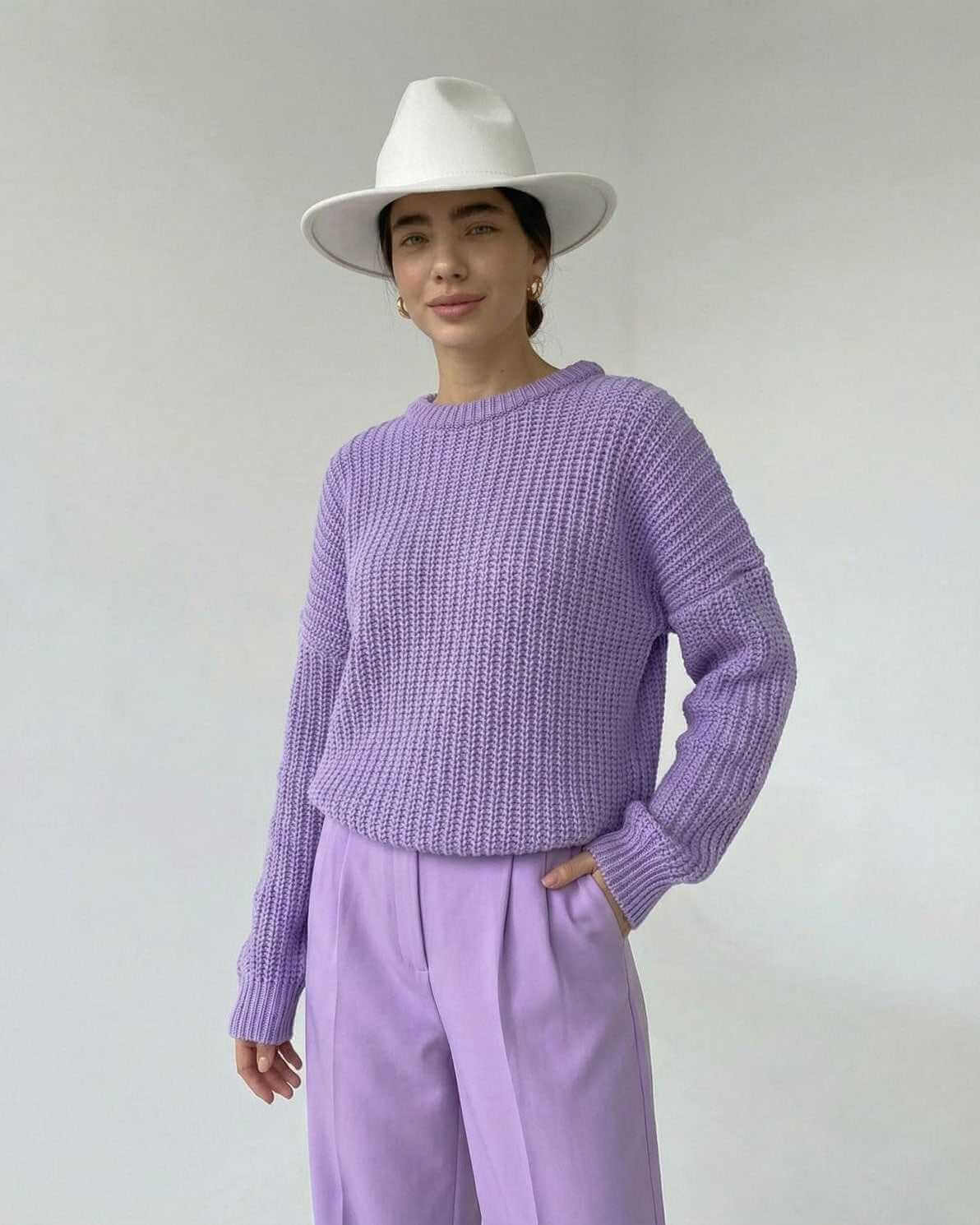 Lavande Sweater by Lauven, textured knit in lavender, featured with relaxed casual fit and stylish accessories.