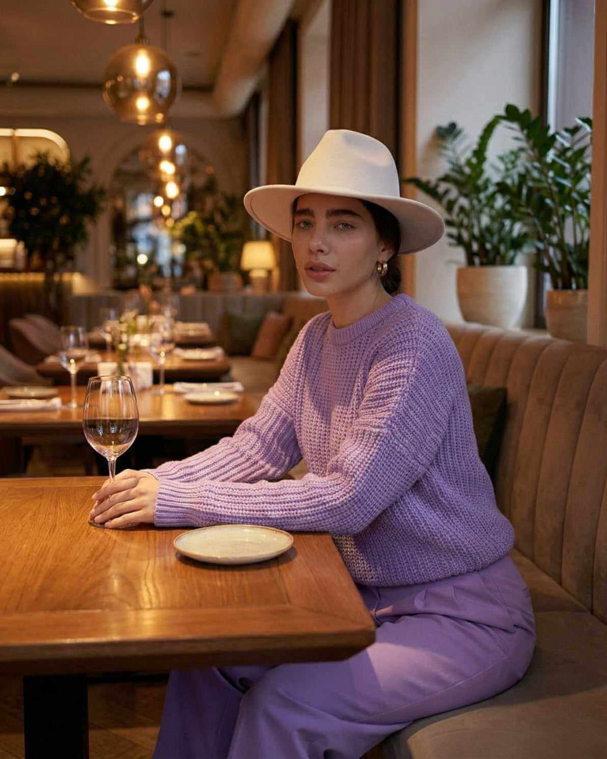Woman wearing Lavande Sweater by Lauven in a stylish restaurant setting.