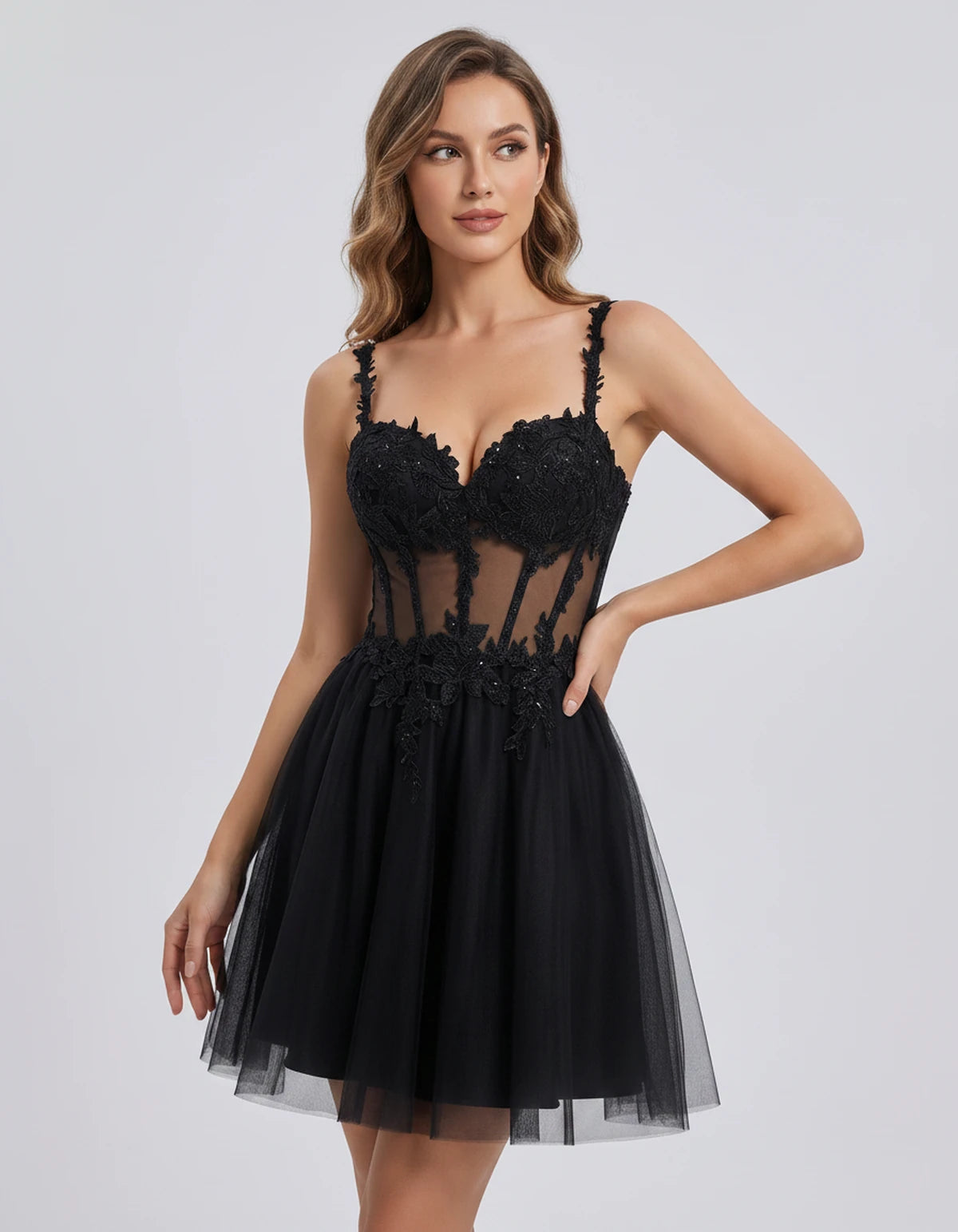 Lavandou Mini Dress — Black | SKU: SD-21933-black-2,SD-21933-black-4,SD-21933-black-6,SD-21933-black-8,SD-21933-black-10,SD-21933-black-12,SD-21933-black-14,SD-21933-black-16,SD-21933-black-16W,SD-21933-black-18W,SD-21933-black-20W,SD-21933-black-22W