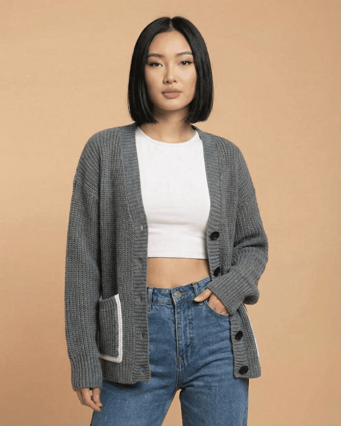 Linden Cardigan by SLIMONA - Relaxed V-Neck Color Block Knit, perfect for layering and everyday style.