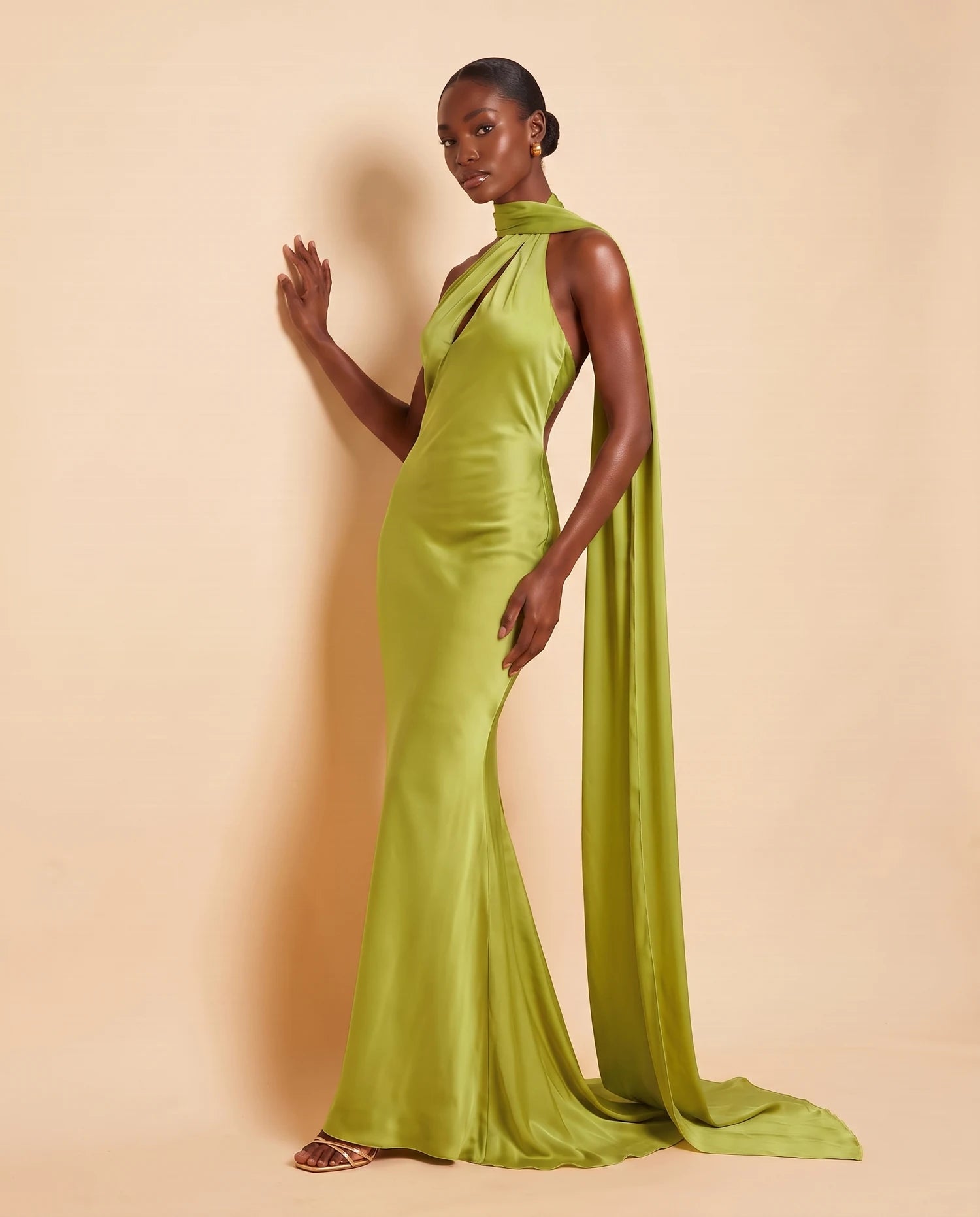 Liora Satin Scarf Dress Lime Green 02-wall
