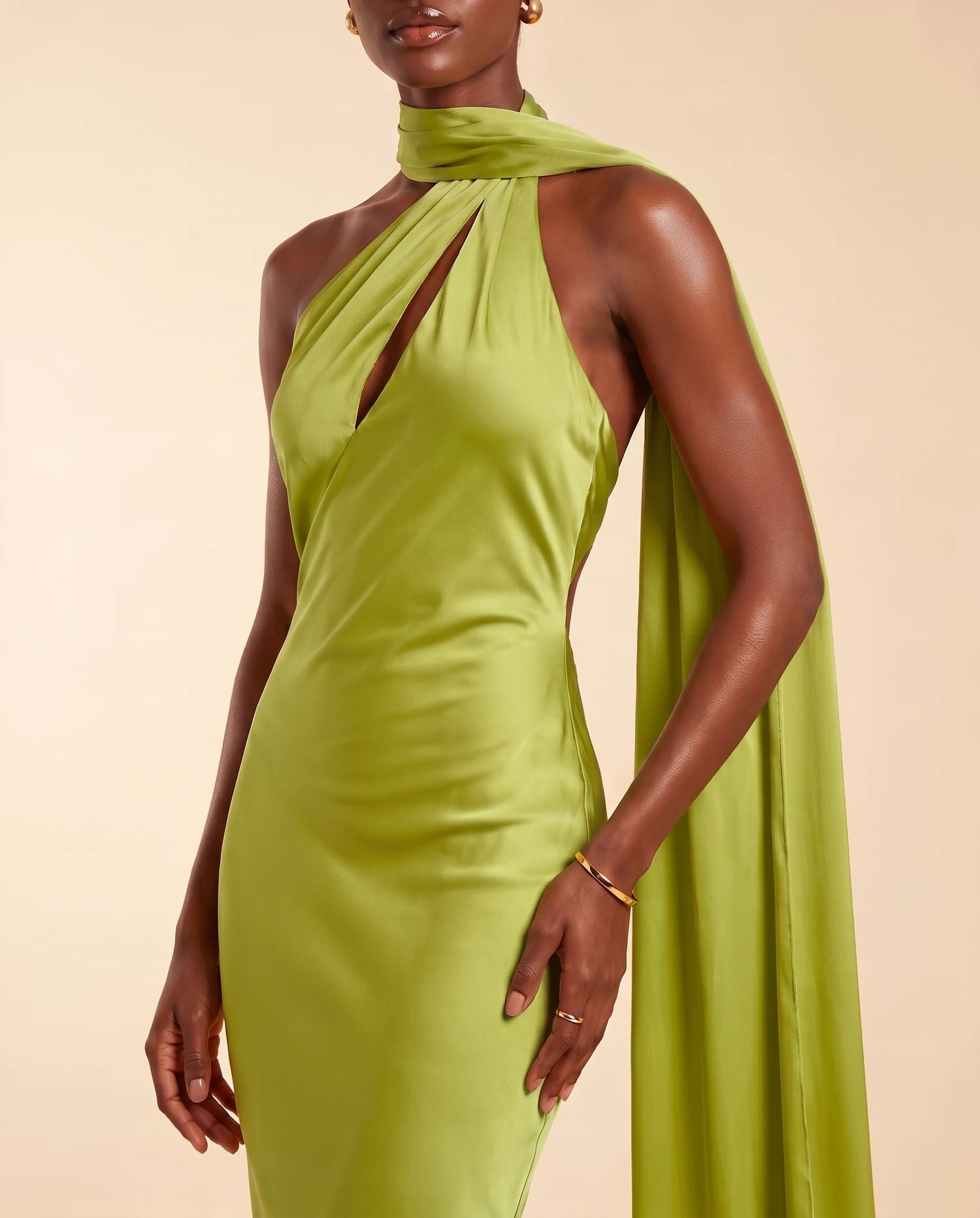 Liora Satin Scarf Dress Lime Green 04-midbody