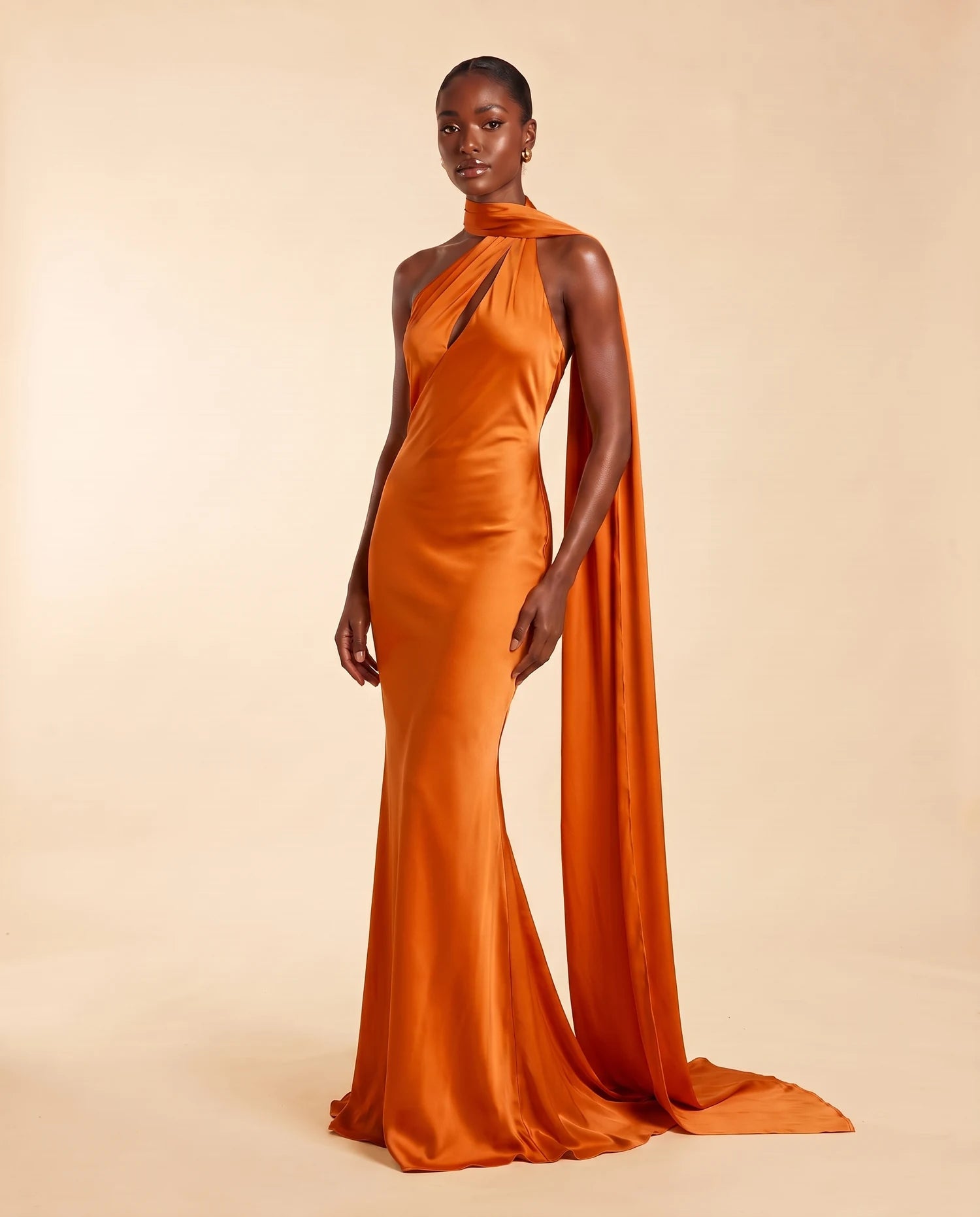 Liora Satin Scarf Dress Burnt Orange 01-herov2