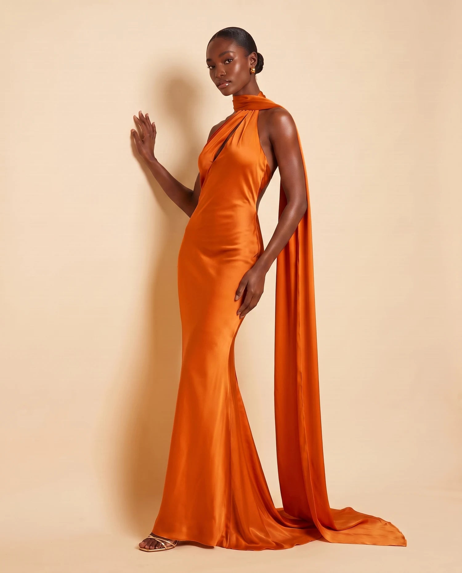 Liora Satin Scarf Dress Burnt Orange 02-wall