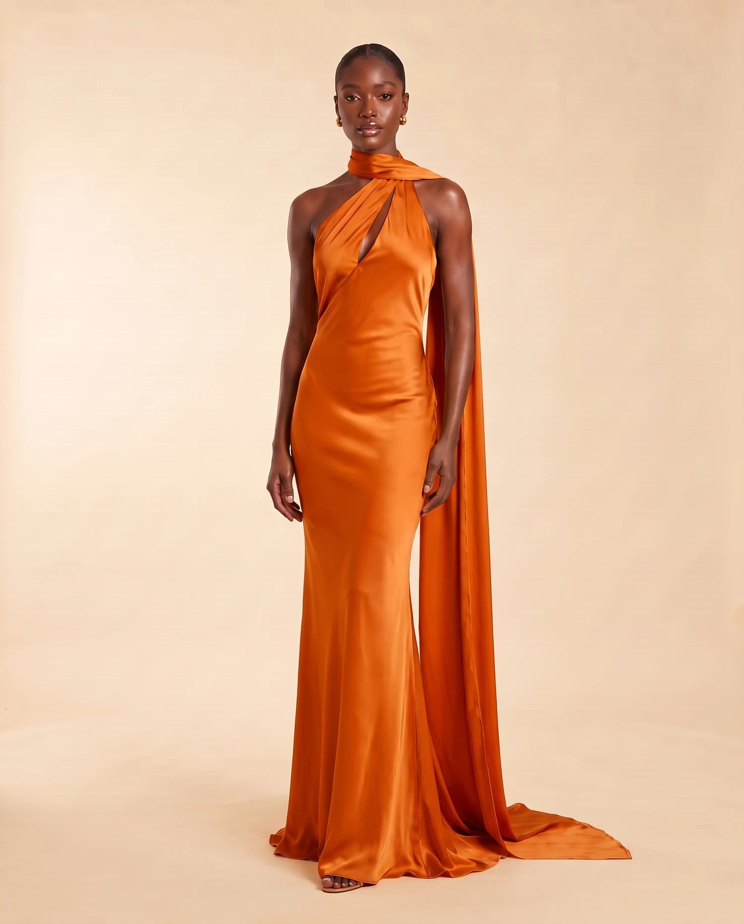 Liora Satin Scarf Dress Burnt Orange 03-front