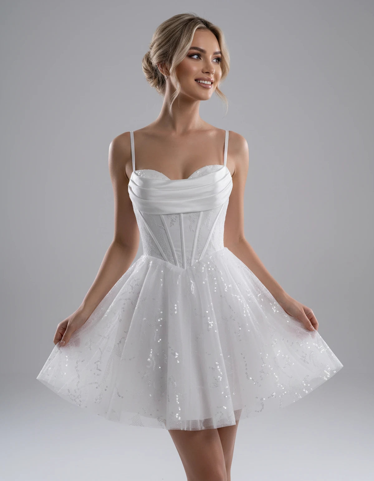 Loreley Mini Dress — White | SKU: SD-42325-white-2,SD-42325-white-4,SD-42325-white-6,SD-42325-white-8,SD-42325-white-10,SD-42325-white-12,SD-42325-white-14,SD-42325-white-16,SD-42325-white-0,SD-42325-white-18 Plus,SD-42325-white-22 Plus,SD-42325-white-26 Plus