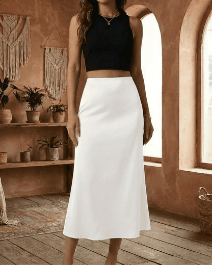 Luna Midi Skirt by SLIMONA, elegant satin mermaid skirt in white, perfect for modern sophistication.