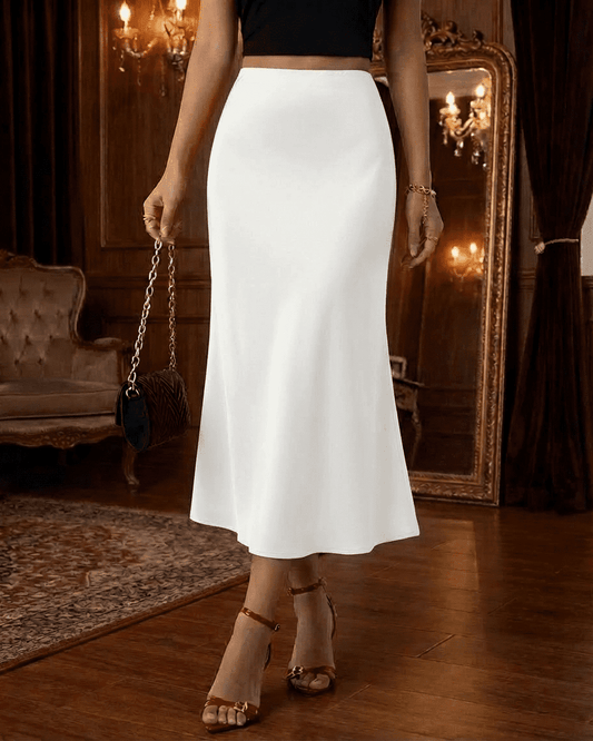 Luna Midi Skirt by SLIMONA - Elegant white satin mermaid midi skirt with a modern, refined silhouette.