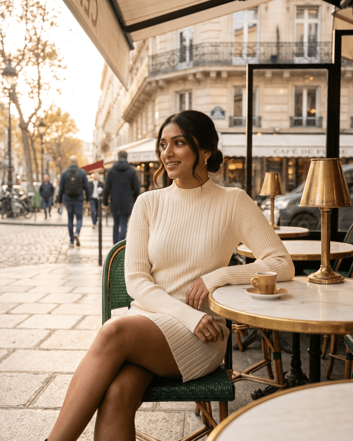 Luna Mini Dress by SLIMONA - Elegant playful knit mock neck long sleeve A-line mini dress in a Parisian café setting.