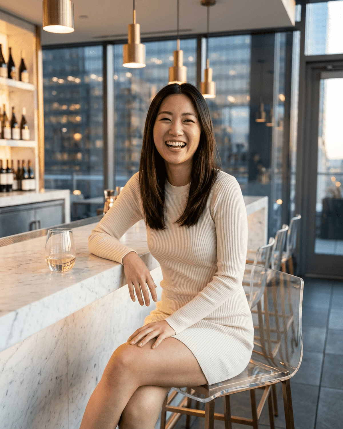 A woman smiling while wearing the Luna Mini Dress, seated at a stylish marble bar, exuding elegance and joy.